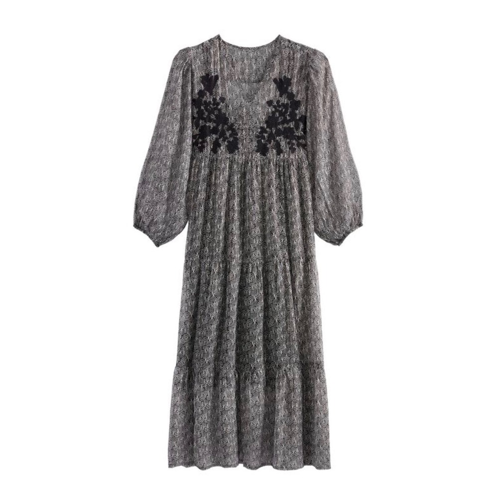 World‎ Market Sheer Black White Embroidered Floral Dress L/XL Boho Midi